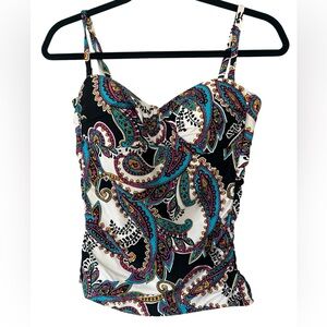 KENNETH COLE NY Paisley Tankini Top Convertible Strapless Bandeau Molded Cups M
